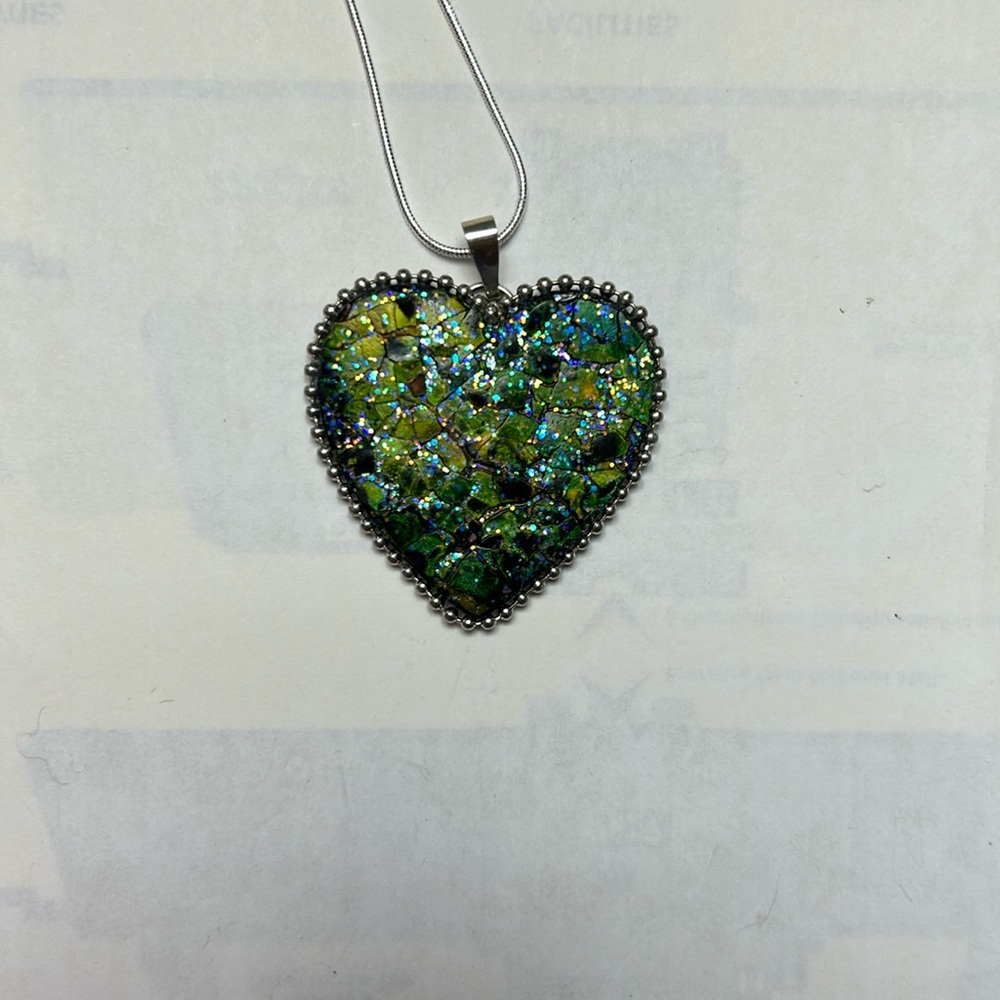 Blue and green sparkle heart necklace